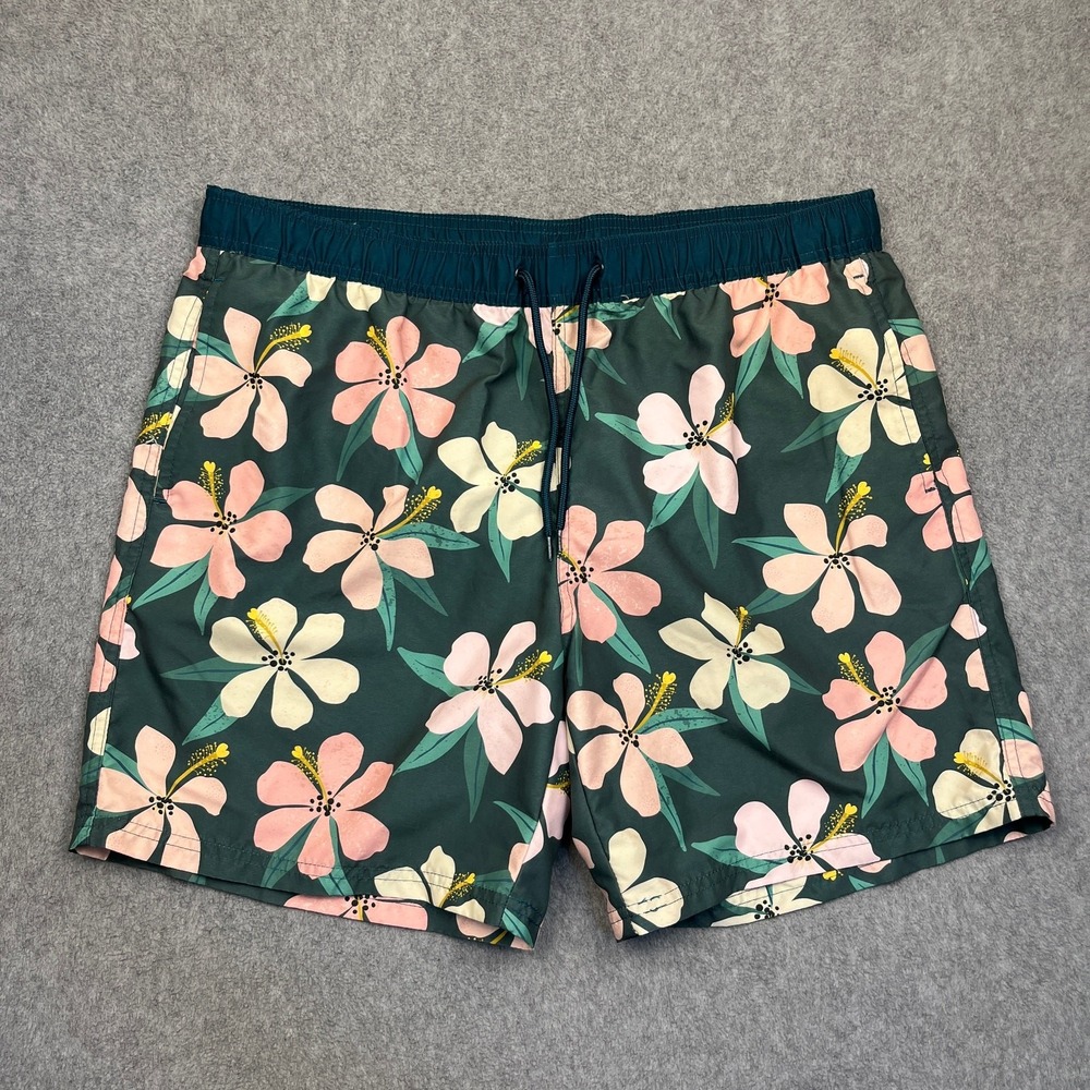 Mad Engine Board Shorts Mens Large Green Floral Drawstring
